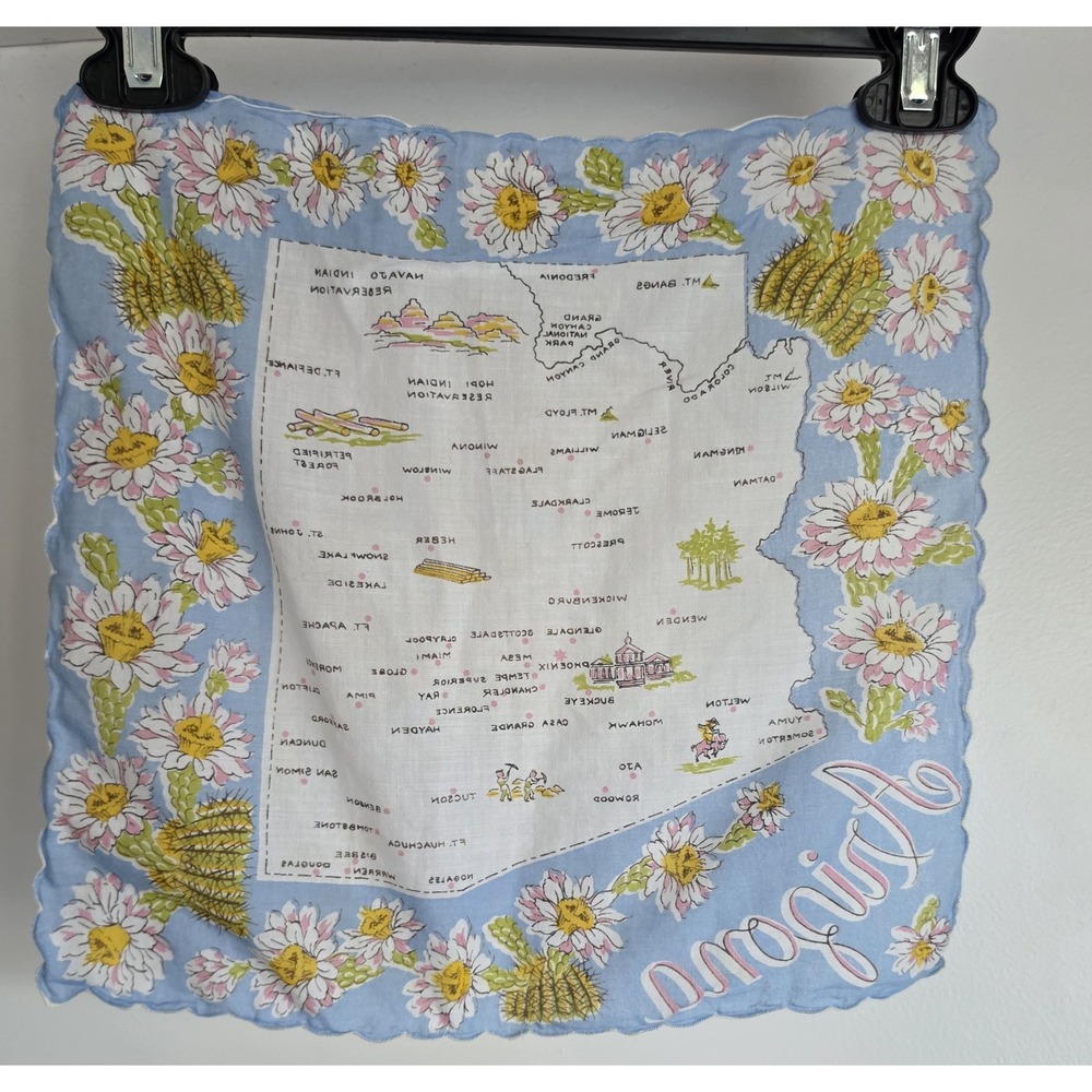 VTG Arizona Map Handkerchief Blue White Pink Yellow Green Unisex Hanky Kerchief - Picture 2 of 5